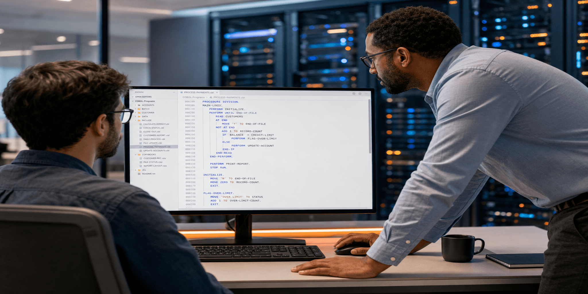 Consultant and developer reviewing modern COBOL development on mainframe